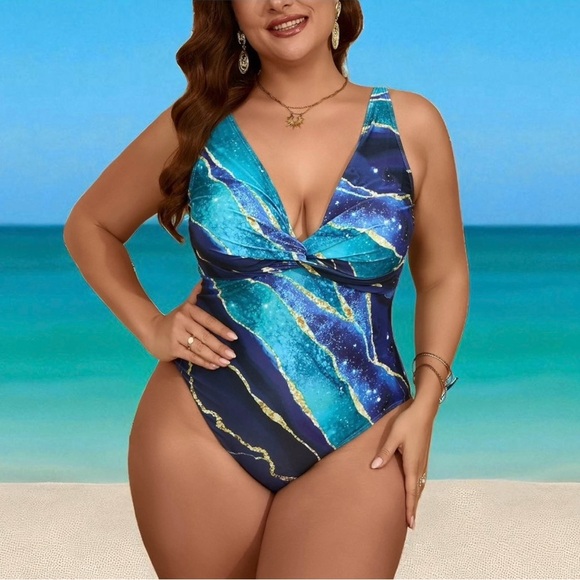 NEW, Blue/Teal Galaxy Print One-Piece Swimsuit, XL ☀️ - Picture 1 of 10